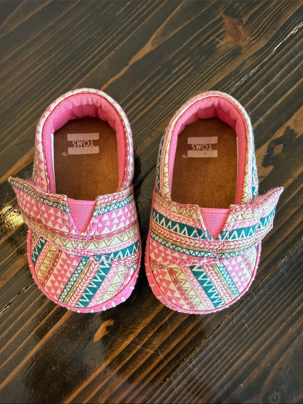 TOMS Pink & Teal Patterned Kids Hook-and-Loop Slip-Ons